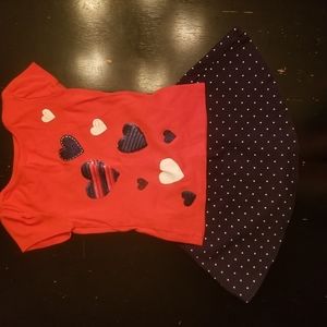 Gymboree redshirt and blue/white polkdot skirt